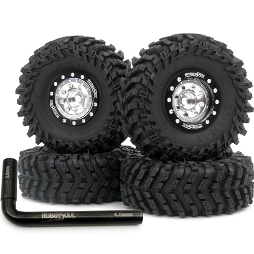 RC 1.0 tires Soft Sticky Tyres 64mm tall Mounted Heavy 1.0 beadlock wheels Deep Dish Offset Black Silver Rims For RC Mini Mud Crawler 1/18 TRX4M 1/24 SCX24 FMS24 FCX24 - color: Black & Silver