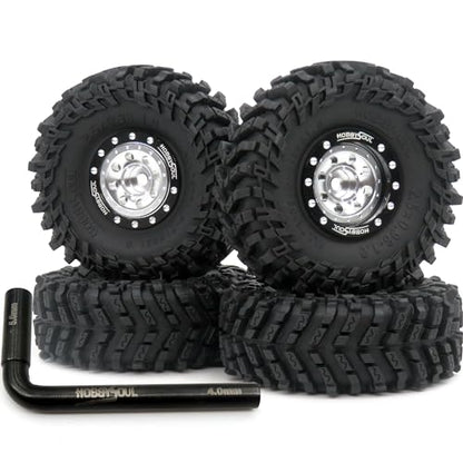 RC 1.0 tires Soft Sticky Tyres 64mm tall Mounted Heavy 1.0 beadlock wheels Deep Dish Offset Black Silver Rims For RC Mini Mud Crawler 1/18 TRX4M 1/24 SCX24 FMS24 FCX24 - color: Black & Silver