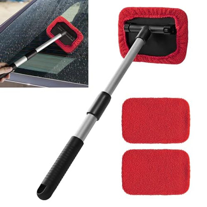 Windshield Cleaning Tool, Car Window Cleaner, Vehicle Window Cleaner with Extendable Handle & 2 Washable Microfiber Pads, Car Interior Glass Wiper Cleaning Kit for Most Vehicles (Red) - color: Red