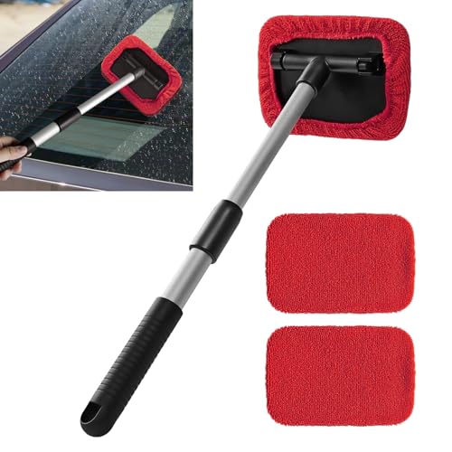Windshield Cleaning Tool, Car Window Cleaner, Vehicle Window Cleaner with Extendable Handle & 2 Washable Microfiber Pads, Car Interior Glass Wiper Cleaning Kit for Most Vehicles (Red) - color: Red