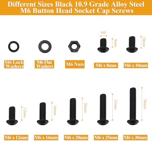 151 Pieces M6 Screws Nuts Washers Set Black, Sutemribor M6 x 8/10/12/16/20/25/30mm Button Head Socket Cap Screws Nuts Washers Assortment Kit, 10.9 Grade Alloy Steel, Fully Threaded - size: M6, style: Button Head Socket Cap