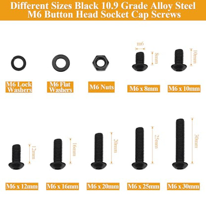 151 Pieces M6 Screws Nuts Washers Set Black, Sutemribor M6 x 8/10/12/16/20/25/30mm Button Head Socket Cap Screws Nuts Washers Assortment Kit, 10.9 Grade Alloy Steel, Fully Threaded - size: M6, style: Button Head Socket Cap
