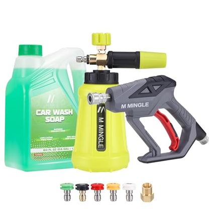 M MINGLE Pressure Washer Gun with Foam Cannon, 64 Fl Oz Car Wash Soap | 5 Power Washer Nozzle Tips, Adjustable Thick Foam, Car Wash Foam Gun for Car Washing, Patio Cleaning, 4000 PSI - color: yellow+green