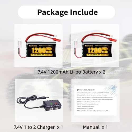 SCX24 Lipo Battery 2S 35C 7.4V 1200mAh Lipo with PH2.0 & JST Plug for WLtoys A949 A959 A969 A979 K929 RC Truck and 1/10 1/16 1/18 1/24 RC Cars RC Batteries with Charger