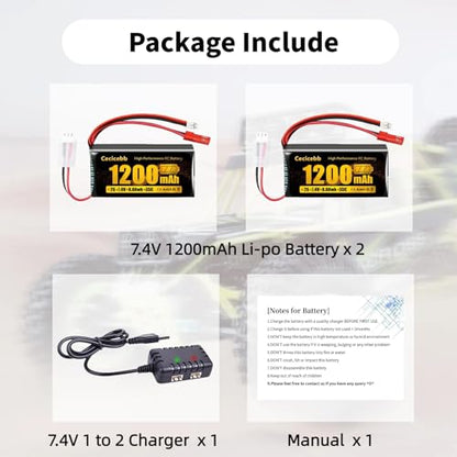 SCX24 Lipo Battery 2S 35C 7.4V 1200mAh Lipo with PH2.0 & JST Plug for WLtoys A949 A959 A969 A979 K929 RC Truck and 1/10 1/16 1/18 1/24 RC Cars RC Batteries with Charger