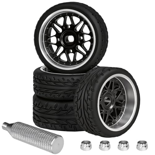 4Pcs 25mm Rc Drift Wheels & Logo Drift Car Tires for 1/24 1/28 Wltoys, [2N+2W] Aluminum Alloy Rims with High Grip Tires Simulated Tire Tread Racing Tyre for Mini-Q HGD1 Wltoys K969 K989 k929(Black) - color: 2.black