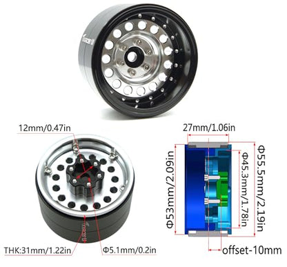 RC 1.9 Inch Beadlock Wheels Negative Offsets 10mm Rims Hex 12mm Aluminum Wheel for TRX4 TRX6 SCX10 Gen8 1/10 RC Crawler Remote Control Car Upgrades Accessories 4pcs (Silver Black) YK1906 - color: Silver Black
