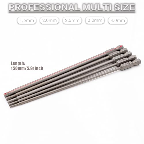 RC Hex Bit 6 Inch Power Bits 1.5mm 2.0mm 2.5mm 3.0mm 4mm for Screwdrivers | High-speed Steel Precision Screwdriver Bits,Hex Head Allen Wrench Drill Bit Set,Magnetizable Tips,S2 alloy steel - size: 5PCS