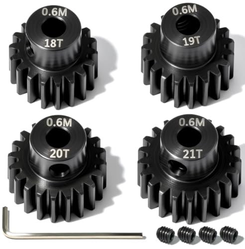 4Pcs 0.6M Hardened Steel Pinion Gear Set 3.175mm 18T 19T 20T 21T Motor Pinion Gear with M4 Screw and Hex Key, Fit 3.175mm (1/8-Inch) Shaft, for Arrma HPI Kyosho Losi Axial Traxxas Tamiya 1/10 RC Car - size: 0.6M-P-3.175mm-18-21T