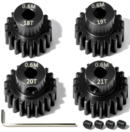 4Pcs 0.6M Hardened Steel Pinion Gear Set 3.175mm 18T 19T 20T 21T Motor Pinion Gear with M4 Screw and Hex Key, Fit 3.175mm (1/8-Inch) Shaft, for Arrma HPI Kyosho Losi Axial Traxxas Tamiya 1/10 RC Car - size: 0.6M-P-3.175mm-18-21T