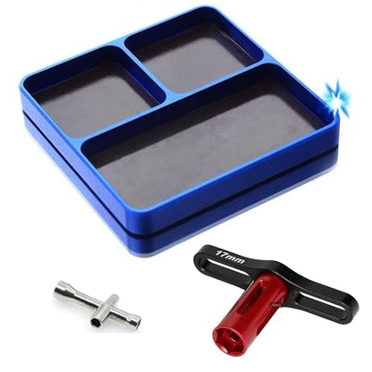 Aluminium RC Screw Tray Nuts Storage Tools with Magnetic Pad and 17mm Hex Wheels Wrench & Small Cross Hex Wrench Sleeve Repair Set Kit for 1/8 1/10 Car HSP HPI Axial Airplane Boat (Blue) - color: Blue