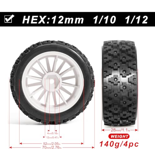 Pre-Glued Off-Road Knobby Wheel & Tire Set for 1/10 1/12 RC Car for HSP 94123, Tamiya TT01 / XV01, MJX 10303, Kyosho FW06, 70 x 28 mm Rubber, 12 mm Hex Nylon Wheels, 4 pcs, White - color: White