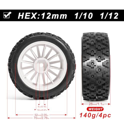 Pre-Glued Off-Road Knobby Wheel & Tire Set for 1/10 1/12 RC Car for HSP 94123, Tamiya TT01 / XV01, MJX 10303, Kyosho FW06, 70 x 28 mm Rubber, 12 mm Hex Nylon Wheels, 4 pcs, White - color: White