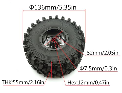 136mm 2.2 Aluminium Beadlock Wheels and Tires Set (4-Piece) for 1/10 RC Crawler (Silver) RK - color: Silver