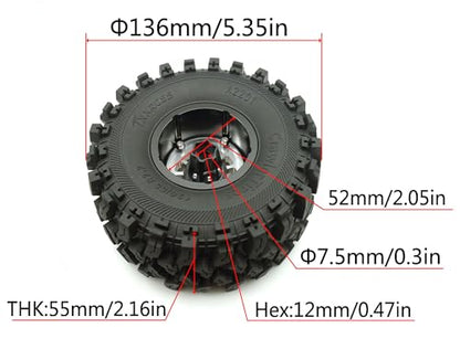 136mm 2.2 Aluminium Beadlock Wheels and Tires Set (4-Piece) for 1/10 RC Crawler (Silver) RK - color: Silver