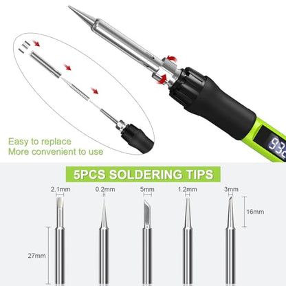 Soldering Iron Kit, 100W Soldering Gun with LED Digital Display, Adjustable Temperature 356-932℉ Solder Kit for Electronics, Includes Soldering Iron Tip, Solder Wire, Stand, Tweezers and Paste, Green - color: Green