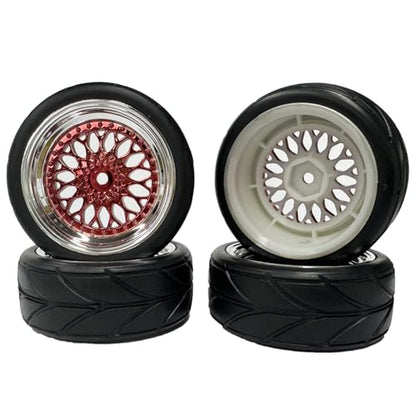 4PCS 64mm RC On Road Rubber Tires and Plastic Plating Wheel Rims Set Replacement Part for 1/10 RC Run-flating Touring Racing Drift Car Tyre(Red Silver,Offset:3mm) - color: Red Silver, size: Offset:3mm