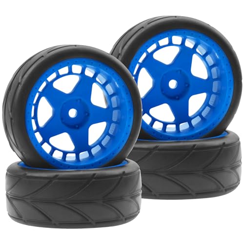 ShareGoo RC OD 2.55" Nylon 12mm Hex Wheels & Rubber Tires Set Compatible with Traxxas Tamiya Sakura HSP Redcat 1/10 RC On-Road Touring Drift Car (Blue) - color: Blue