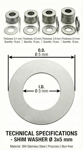 3x5mm Shim Washers RC Stainless Steel 40pc 0.1-0.5mm 3mm ID | 5mm outer diameter, DIN 988 metric shims. Ultra thin assortment for RC motor and pinion spacing, small bearings and gearboxes - size: 3x5