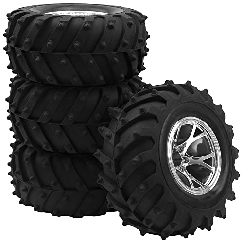 4.72''OD Rubber Tires & Wheel Rim 12mm Hex Hub Compatible with RedCat Volcano Traxxas Rustler HPI HSP Tamiya Exceed Himoto 1/10 Off-Road Monster Truck,120mmx56mm (Silver) - color: Silver