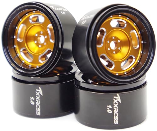 RC 1.0 Beadlock Wheels Offsets -2 Aluminum Rims for AX24 1/18 TRX4M All 1/24 Scale SCX24 Deadbolt RC Crawler Car Wheels Upgrades 4Pc (Black & Golden) - color: Black & Golden