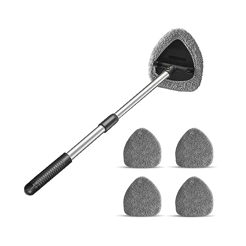 Moly Magnolia Windshield Cleaner Tool, 4 Pads, 19.29 Inch Reach, Gray | For sedans, SUVs, trucks, washable microfiber covers, 180° swivel head, aluminum shaft, PP grip, car interior accessories - color: Gray