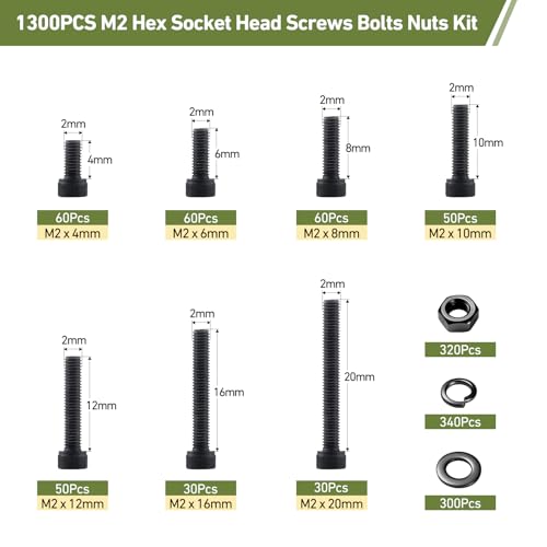 1300Pcs M2 Screws Assortment Kit,Hex Socket Head Cap Screws Bolts Nuts Washer Set,12.9 Grade Alloy Steel,Black Oxide M2 x 4/6/8/10/12/16/20mm,for 3D Printer,DIY Project - size: M2 1300PCS Socket Black