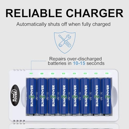 Blinkspower 8 Bay AA AAA Battery Charger, Smart Fast Charging with Independent Charging Slots for NiMH Rechargeable Batteries, USB Type-C, No Adapter