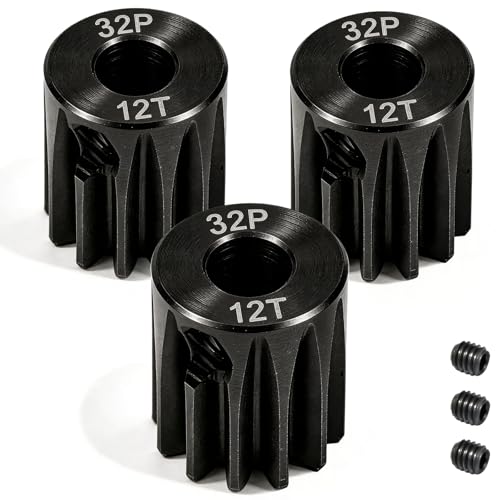 32P 12T RC Car Gear Set | 45# Steel Black Oxide | 5mm Bore +0.03mm | Precision Engineered Motor Pinion Gear Compatible with Traxxas/ARRMA/HPI/Kyosho (3-Pack with M4 Set Screws) - style: 3Pcs 12T
