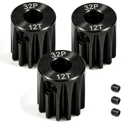 32P 12T RC Car Gear Set | 45# Steel Black Oxide | 5mm Bore +0.03mm | Precision Engineered Motor Pinion Gear Compatible with Traxxas/ARRMA/HPI/Kyosho (3-Pack with M4 Set Screws) - style: 3Pcs 12T