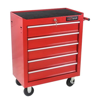 5-Drawer Lockable Tool Chest - Ball-Bearing Slides, 4 Casters (2 with Brakes) & Side Pull Handle, RED