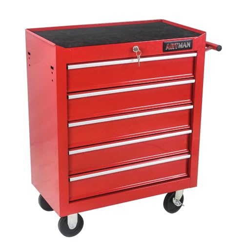 5-Drawer Lockable Tool Chest - Ball-Bearing Slides, 4 Casters (2 with Brakes) & Side Pull Handle, RED