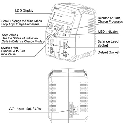 SKYRC Battery Charger, T100 Dual Balance 5A 2x50W for LiPo Li-Ion LiHV LiFe NiMH with 12V Output