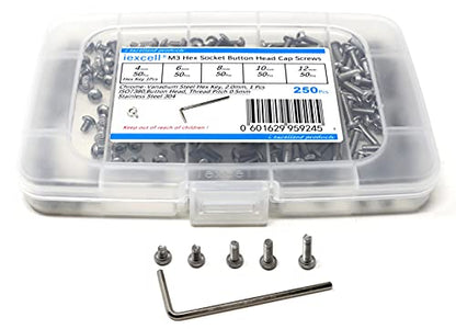 iexcell 250 Pcs M3 x 4/6/8/10/12 Stainless Steel 304 Hex Socket Button Head Cap Screws Bolts Assortment Kit - size: M3 x 4/6/8/10/12mm
