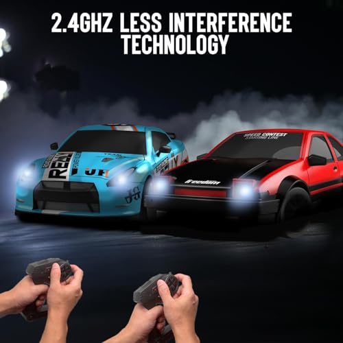 RACENT 1:24 Scale RC Drift Car, 10MPH 4WD Remote Control Car with LED Light, Racing and Drifting Wheels, 2 Rechargeable Batteries, Toy for Boys, Girls, Kids (Blue) - color: Cyan, size: 1:24 Scale