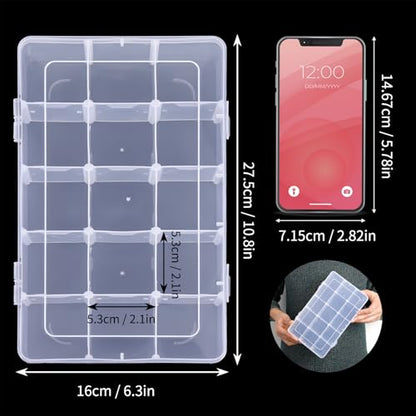 Bead Organizer Storage 2 Pack 15 Grid Clear Plastic Tackle Box Adjustable | Clear Plastic, Adjustable Dividers, Label Stickers Included, for Beads Crafts Jewelry Fishing Tackle and Small Parts - size: 2pcs