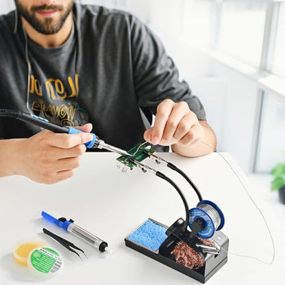 Soldering Iron Kit, 100W High Power LCD Soldering Iron, 2 Helping Hands Soldering, Flux, Iron Tips, Tin Wires, Solder Sucker, Tweezers. °C/℉ Conversion, Auto Sleep，Temperature Calibration - color: Blue (11-in-1 Soldering Iron Kit)