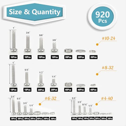 KADRICK 920Pcs Machine Screw Assortment Kit,Stainless Steel #4-40 to #10-24 | 304 Stainless Steel Phillips Pan Head SAE Screw Kit,Assorted SAE Screws Nuts & Washers,#4-40 #6-32 #8-32 #10-24 - size: SS #4-#10 920Pcs