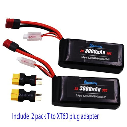 Blomiky 2 Pack 7.4V 2S 3000mAh Shorty T Plug Lipo Battery Pack with XT60 Converter Suitable for Wltoys 124019 144001 and Hyper Go H14BM 14211 14210 RC Trucks / 7.4V 3000mAh T