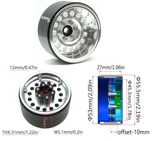 RC 1.9 Inch Beadlock Wheels Negative Offsets 10mm Rims Hex 12mm Aluminum Wheel for TRX4 TRX6 SCX10 Gen8 1/10 RC Crawler Remote Control Car Upgrades Accessories 4pcs (Silver) YK1906 - color: Silver