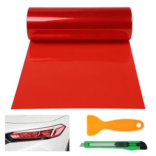 Car Light Tint Film, 12" × 48" Waterproof Headlight Vinyl Wrap Film Includes Squeegee & Cutter, Self-Adhesive Air-Release Wrap for Fog Lights, Taillights, and Headlights (Bright Red) - color: Bright Red