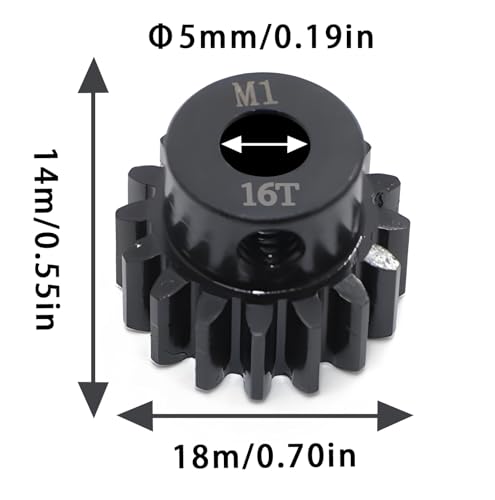 Steel Mod1 5mm Pinion Gear 1PCS,11-28T M1 Pinion Gear Metal Hardened Steel Fit 5mm RC Motor Shaft with 3.175mm Coupler Compatible with 1/5 1/6 1/8 1/10 1/14 RC Brushless Brush Motor (16T) - size: 16T