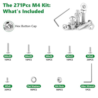 271 Pcs M4 Hex Button Cap Screws Nuts Washers Wrench Kit, 304 SS | With Flat Washers & Wrench, Metric Fasteners for Furniture, Cabinet Handles & DIY, 6mm-30mm,Clear Label Storage Box - size: SS M4 271pcs 2