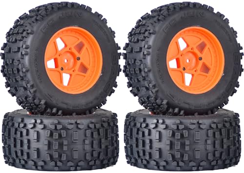 3.8" MT Monster Truck Tires with Foam Insert - 17mm/14mm/12mm Hex Adapters Included, Compatible with TRAXXAS Sledge, ARRMA KRATON, Outcast, Tamiya, HSP (Set of 4), Replacement Part of AR510092 - color: Orange Rim, size: 5