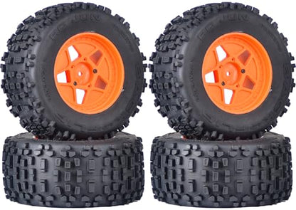 3.8" MT Monster Truck Tires with Foam Insert - 17mm/14mm/12mm Hex Adapters Included, Compatible with TRAXXAS Sledge, ARRMA KRATON, Outcast, Tamiya, HSP (Set of 4), Replacement Part of AR510092 - color: Orange Rim, size: 5
