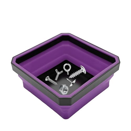 Collapsible Magnetic Parts Tray, 4.5" Square Silicone Metal Parts Organizer Double-Sided Magnet Bowl, Foldable Magnetic Tool Trays for Screws Bolts Nuts Washers Pins (Purple) - color: Purple
