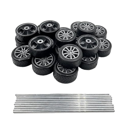 20PCS Small Toy Car Wheel 16mm Model Car Mini Rubber Tire Wheels with 10PCS Shaft Round Rod Axles for DIY Model Toy RC Car Truck Robot Building Accessories (Silver 2x16mm) - style: Silver 2x16mm