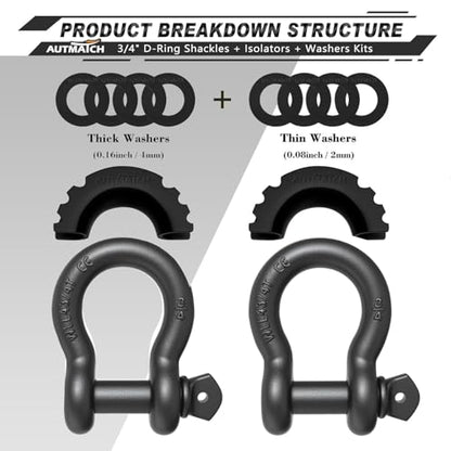 AUTMATCH 3/4" D Ring Shackles (2-Pack) - 41,887 lbs Break Strength | Clevis Shackle with 7/8" Pin & Isolator Washer Kit for Tow Strap, Winch, Towing & Off-Road Vehicle Recovery, Gunmental Gray - color: Gunmetal Gray