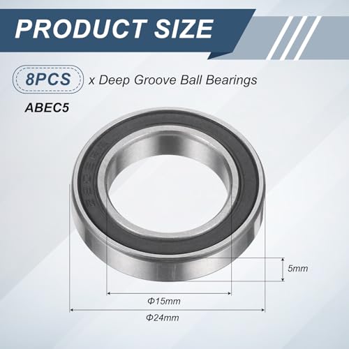uxcell 8Pcs 6802 2RS 15mmx24mmx5mm Deep Groove Ball Bearings, Double Rubber Shielded Bearing Steel ABEC5 High Performance for Industrial Machinery Precision Transmission, Black - size: 6802 2RS 15mmx24mmx5mm