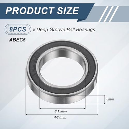 uxcell 8Pcs 6802 2RS 15mmx24mmx5mm Deep Groove Ball Bearings, Double Rubber Shielded Bearing Steel ABEC5 High Performance for Industrial Machinery Precision Transmission, Black - size: 6802 2RS 15mmx24mmx5mm